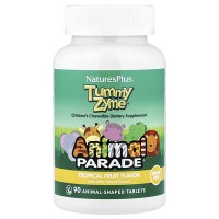 NaturesPlus, Source of Life, Animal Parade, Tummy Zyme з активними ферментами, цільними продуктами та пробіотиками, натуральний смак тропічних фруктів, 90 таблеток в формі тварин